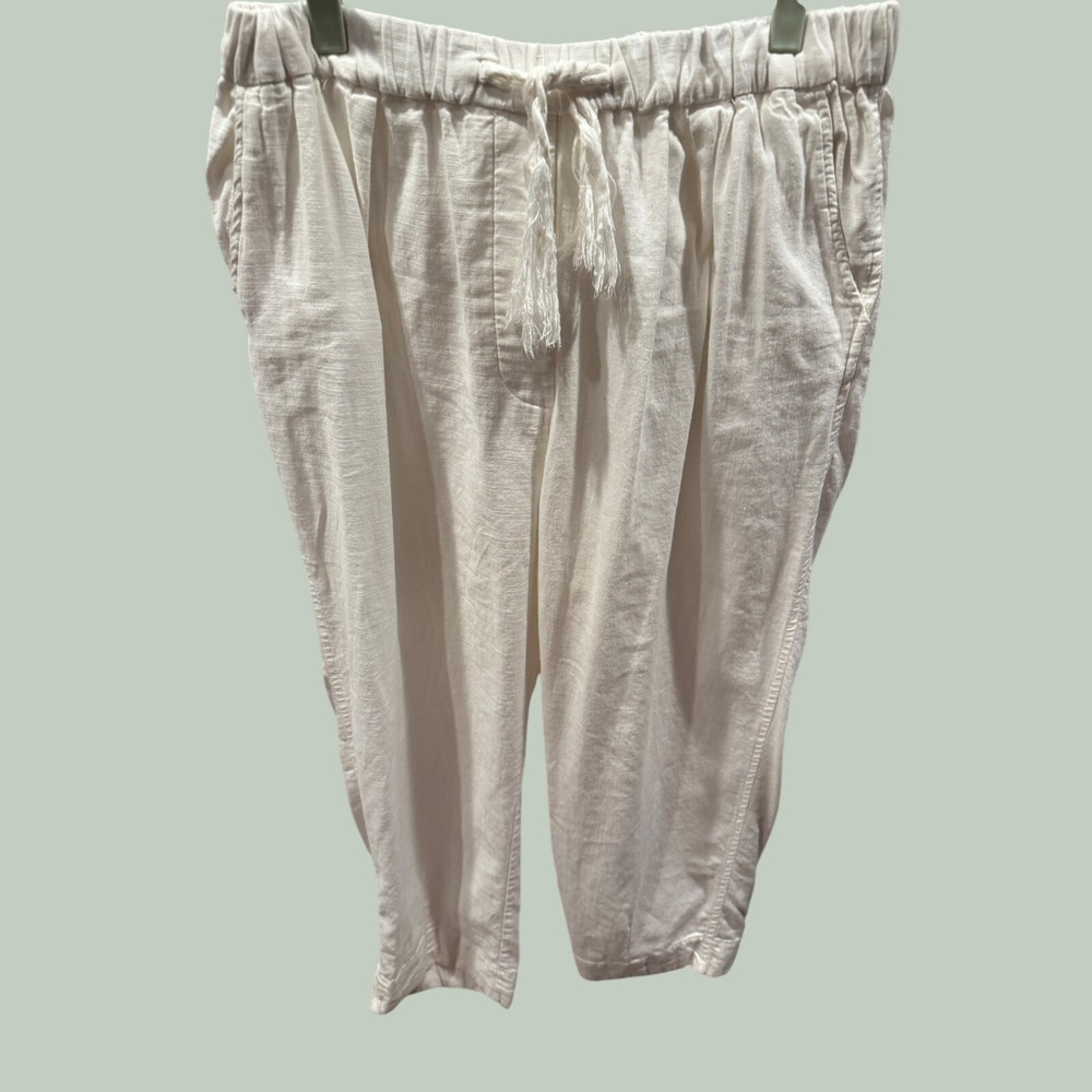 Free People White Linen Blend Elastic‎ Waist Cropped Tapered Pants Large